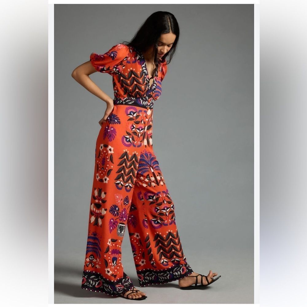Farm Rio size Small by Anthropologie Rio Printed Deep-V Puff-Sleeve Jumpsuit - Picture 2 of 9